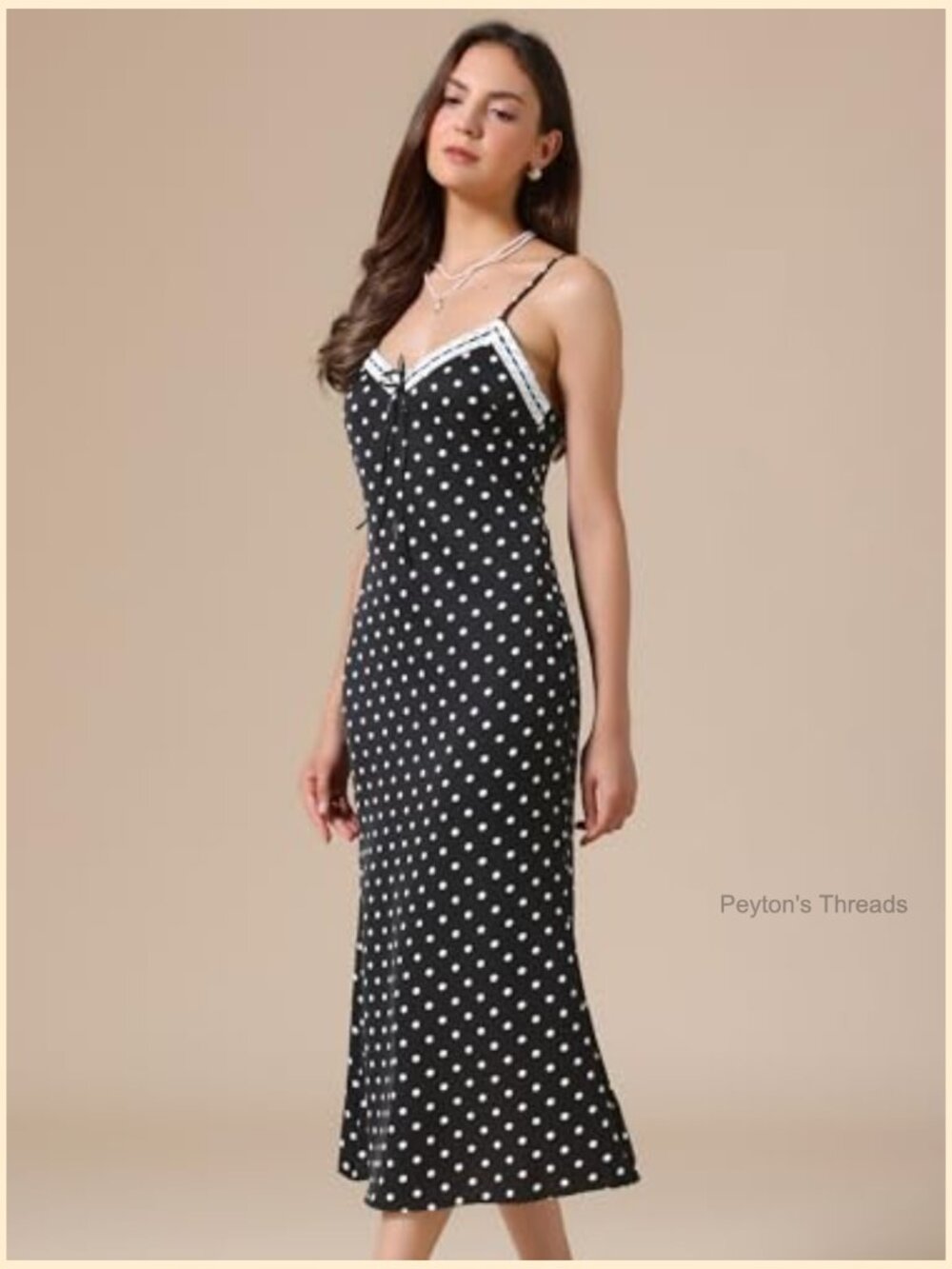 Sleeveless V Neck Polka Dot Midi Dress with Lace Trim - Picture 3 of 5
